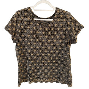 Reitmans Black and Metallic Gold Short Sleeve Sheer Lace Top Size L XL Evening